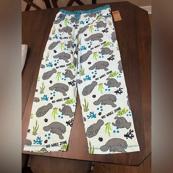 New Women's Blue Manatee Print Pajama Pants - Picture 2 of 4